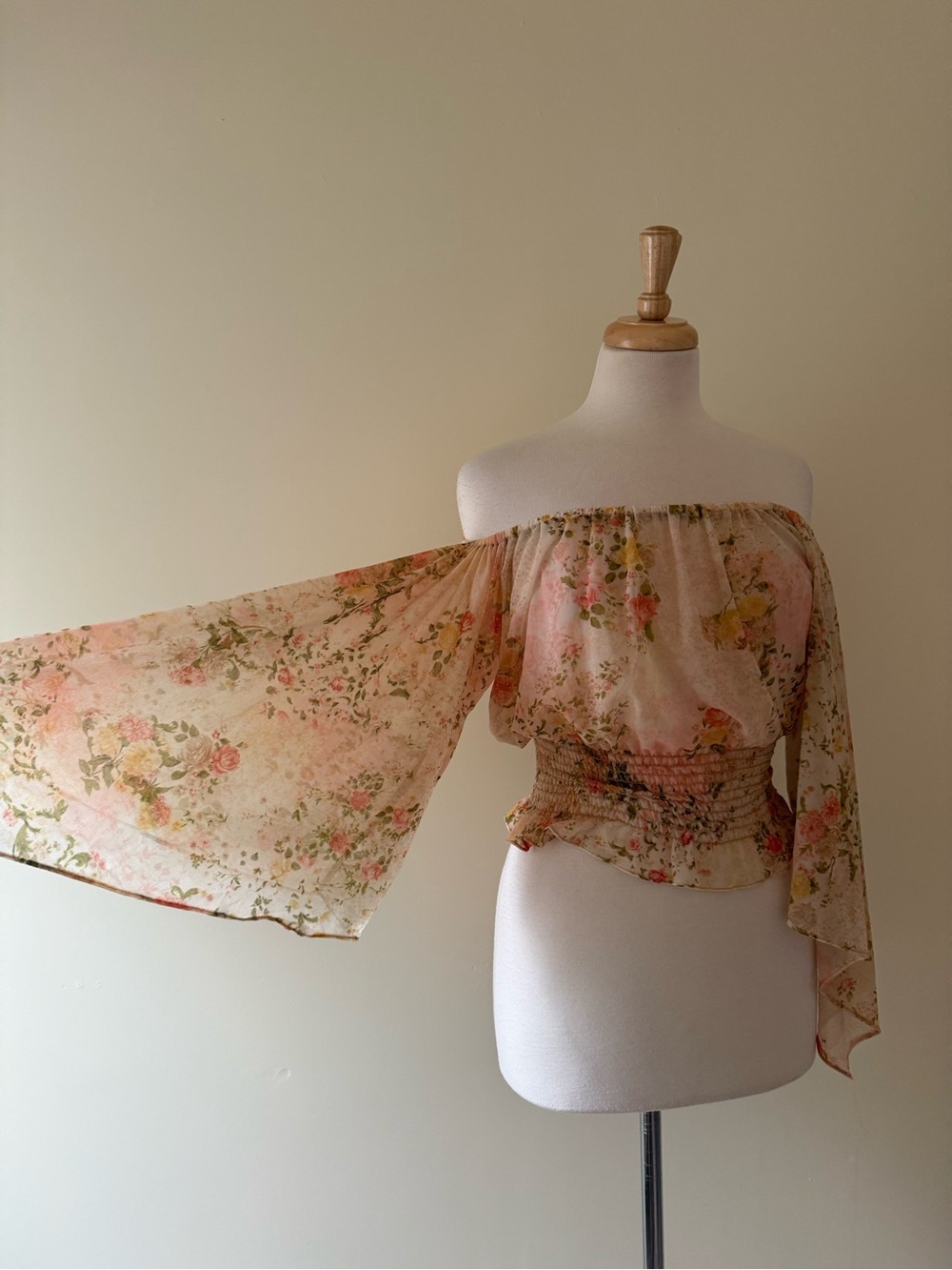 Rare Y2K Sheer Floral Off-Shoulder Bell Sleeve Top | Fairy Grunge Boho
